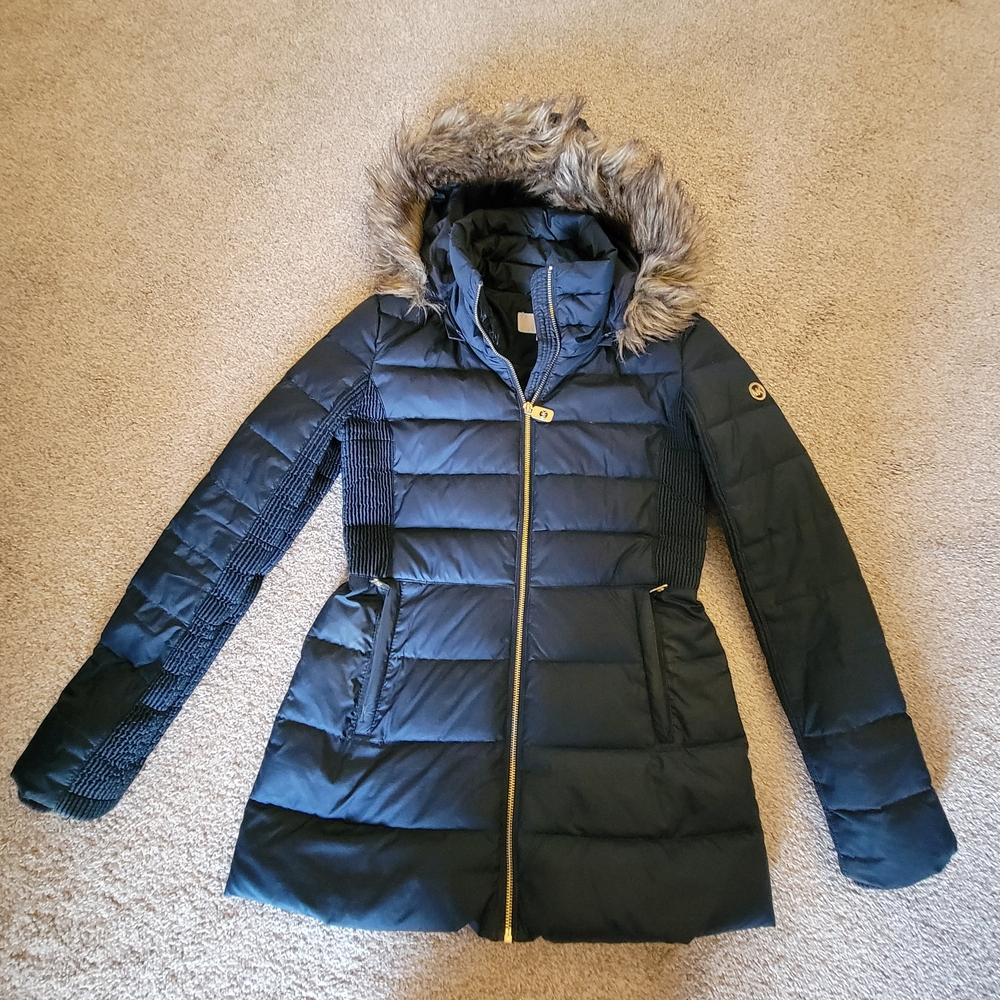 Michael Kors Black Puffer Coat with Faux Fur Hood - Size XS